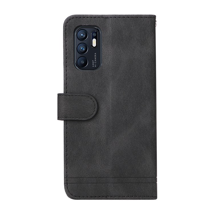 Supporting Stand Retro Tree Pattern Metal Button Decor Wallet PU Leather Phone Case Cover for Oppo Reno6 4G - Black