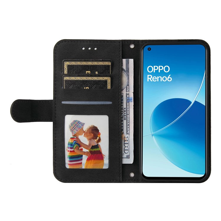 Supporting Stand Retro Tree Pattern Metal Button Decor Wallet PU Leather Phone Case Cover for Oppo Reno6 4G - Black