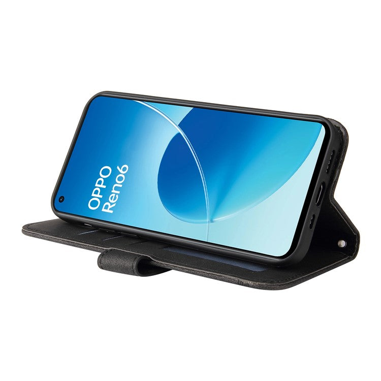 Supporting Stand Retro Tree Pattern Metal Button Decor Wallet PU Leather Phone Case Cover for Oppo Reno6 4G - Black