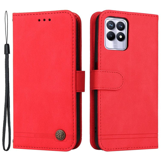 Card Slots Phone Flip Case Retro Tree Pattern Metal Button Decor Stand Wallet PU Leather+TPU Cover for Realme 8i/Narzo 50 4G - Red