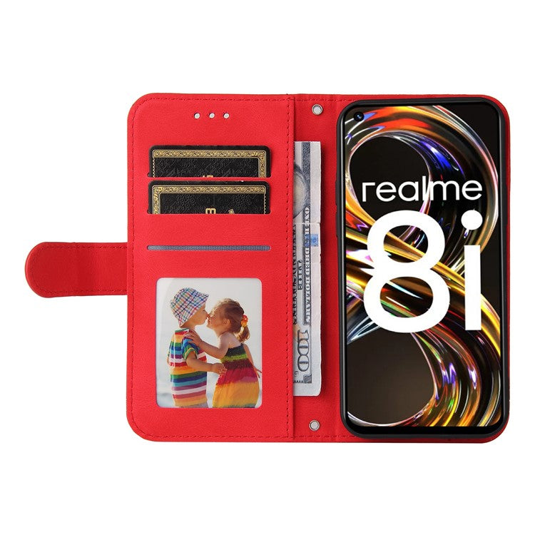 Card Slots Phone Flip Case Retro Tree Pattern Metal Button Decor Stand Wallet PU Leather+TPU Cover for Realme 8i/Narzo 50 4G - Red