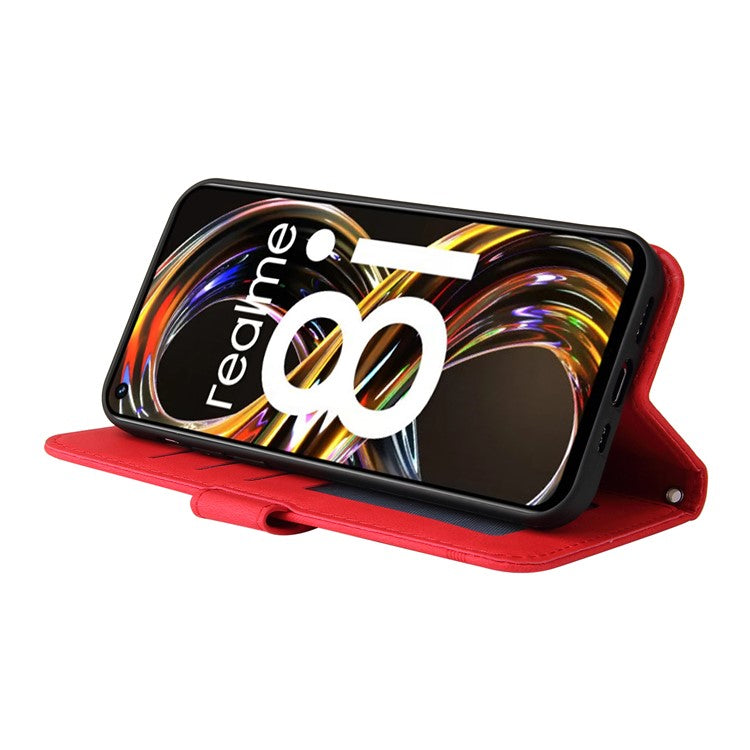 Card Slots Phone Flip Case Retro Tree Pattern Metal Button Decor Stand Wallet PU Leather+TPU Cover for Realme 8i/Narzo 50 4G - Red