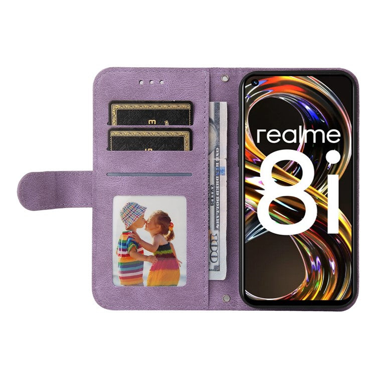 Card Slots Phone Flip Case Retro Tree Pattern Metal Button Decor Stand Wallet PU Leather+TPU Cover for Realme 8i/Narzo 50 4G - Purple