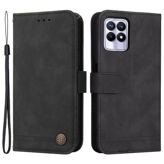 Card Slots Phone Flip Case Retro Tree Pattern Metal Button Decor Stand Wallet PU Leather+TPU Cover for Realme 8i/Narzo 50 4G - Black