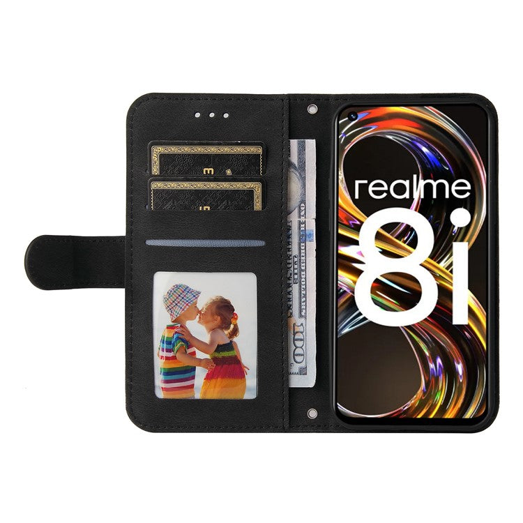 Card Slots Phone Flip Case Retro Tree Pattern Metal Button Decor Stand Wallet PU Leather+TPU Cover for Realme 8i/Narzo 50 4G - Black