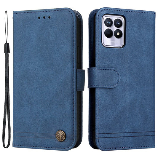 Card Slots Phone Flip Case Retro Tree Pattern Metal Button Decor Stand Wallet PU Leather+TPU Cover for Realme 8i/Narzo 50 4G - Blue