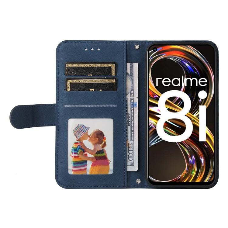 Card Slots Phone Flip Case Retro Tree Pattern Metal Button Decor Stand Wallet PU Leather+TPU Cover for Realme 8i/Narzo 50 4G - Blue
