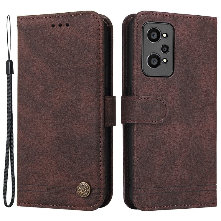 Retro Tree Pattern Metal Button Decor Stand Wallet PU Leather Phone Case Cover for Realme GT Neo2 5G/GT Neo 3T 5G - Brown