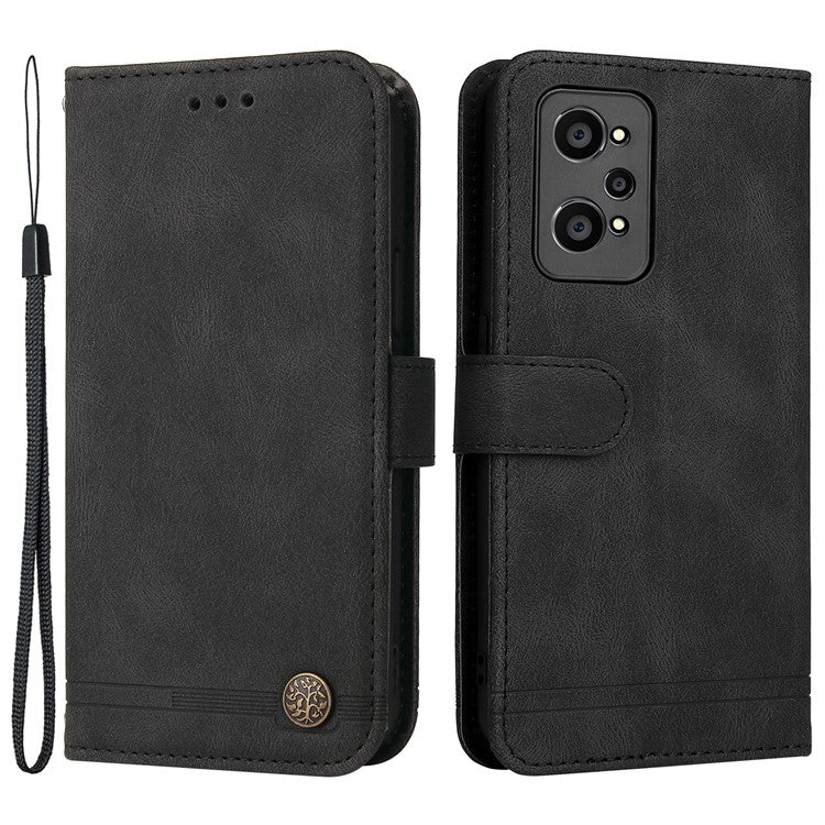 Retro Tree Pattern Metal Button Decor Stand Wallet PU Leather Phone Case Cover for Realme GT Neo2 5G/GT Neo 3T 5G - Black