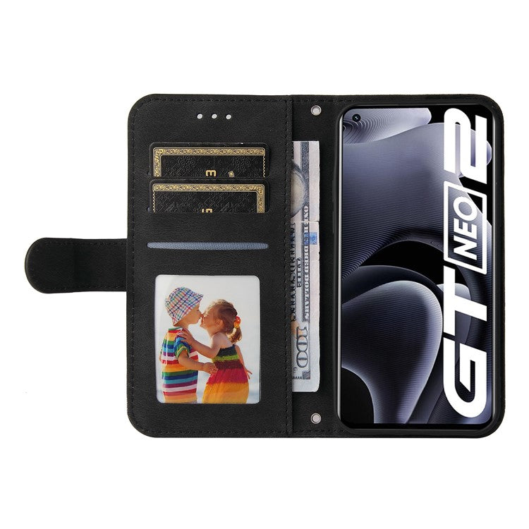 Retro Tree Pattern Metal Button Decor Stand Wallet PU Leather Phone Case Cover for Realme GT Neo2 5G/GT Neo 3T 5G - Black