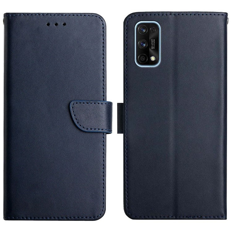 For Realme 7 Pro Genuine Leather Nappa Texture Case Anti-scratch Drop-proof Solid Color Wallet Phone Cover with Stand - Blue