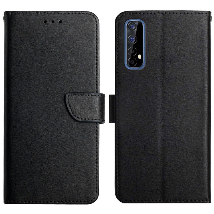 Solid Color Nappa Texture Genuine Leather Folio Flip Outer Cover + Soft TPU Inner Shell with Stand Wallet for Realme Narzo 20 Pro/7 (Asia)/(Global) - Black
