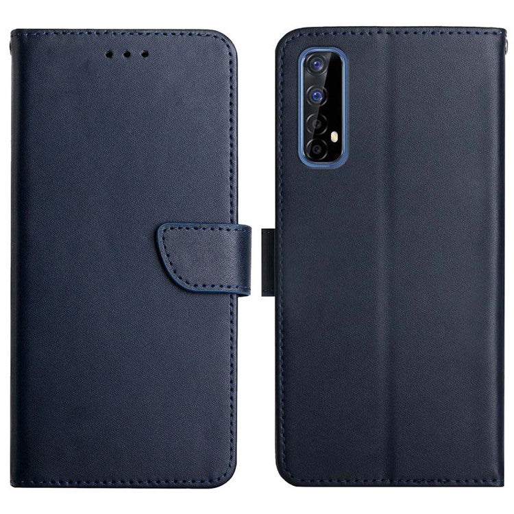 Solid Color Nappa Texture Genuine Leather Folio Flip Outer Cover + Soft TPU Inner Shell with Stand Wallet for Realme Narzo 20 Pro/7 (Asia)/(Global) - Blue