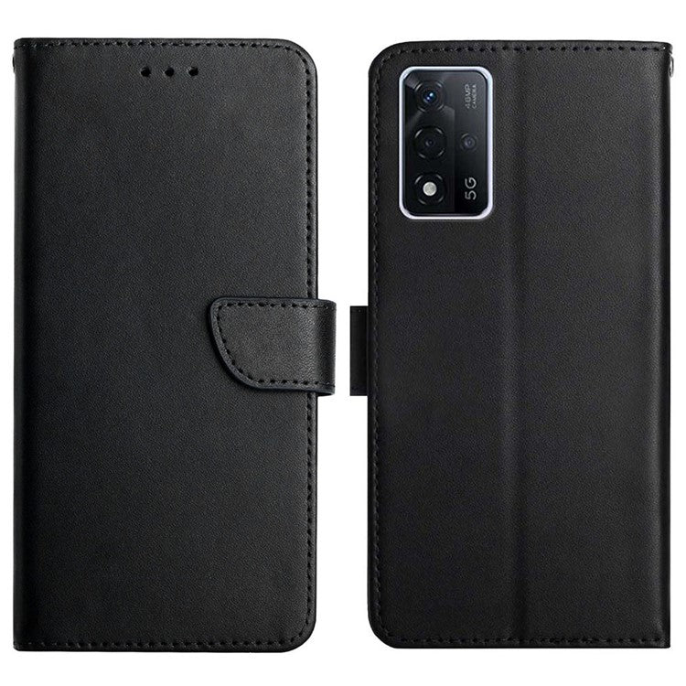 Splash-proof Protection Solid Color Nappa Texture Genuine Leather Outer Cover + Soft TPU Inner Shell with Stand Wallet for Oppo A93s 5G - Black