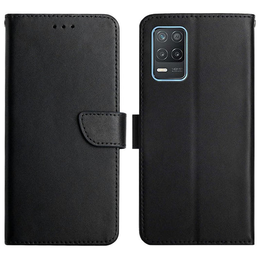 For Realme 8 5G/V13 5G/Narzo 30 5G Phone Cover Nappa Texture Genuine Leather Stand Wallet Protective Case - Black