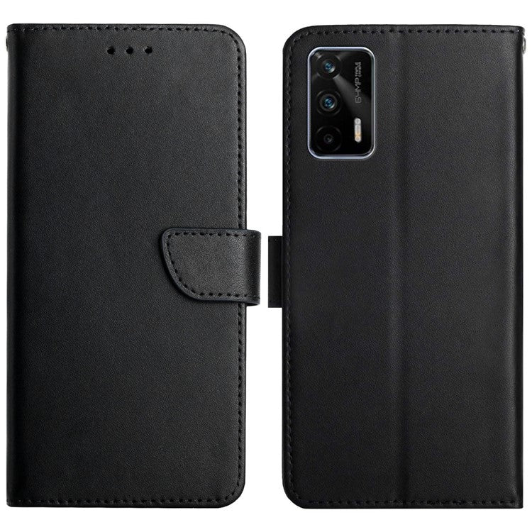 Genuine Leather Nappa Texture Anti-scratch Phone Cover Protector with Stand Wallet for Realme GT 5G/X7 Max 5G - Black