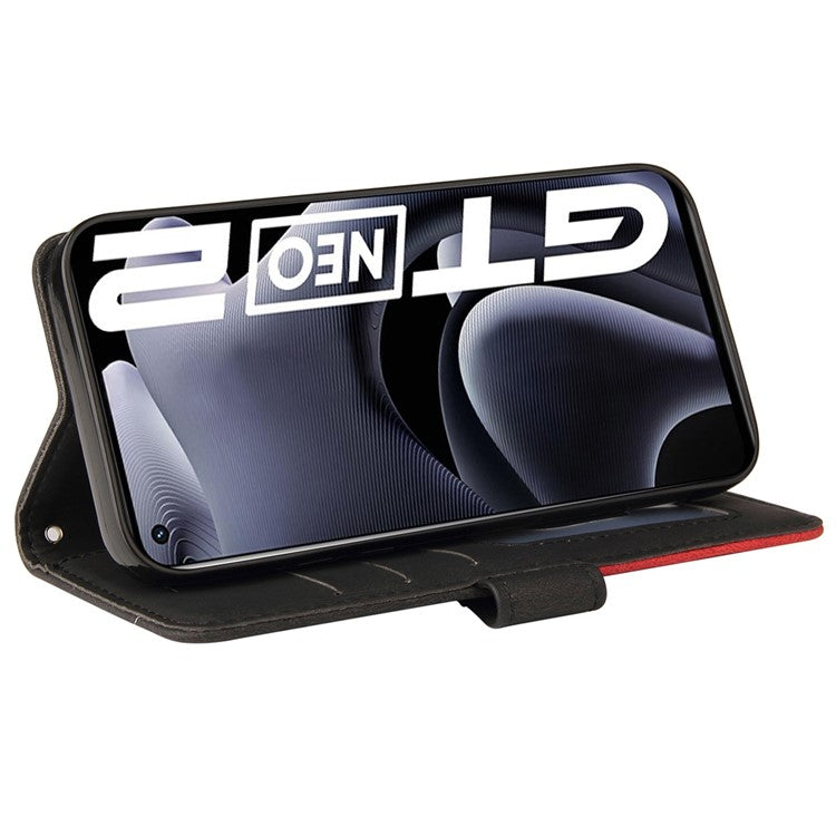 For Realme GT Neo2 5G/GT Neo 3T 5G KT Leather Series-1 Stylish Two-color Splicing Style Anti-Scratch TPU+ PU Leather Wallet Design Phone Case with Stand - Black