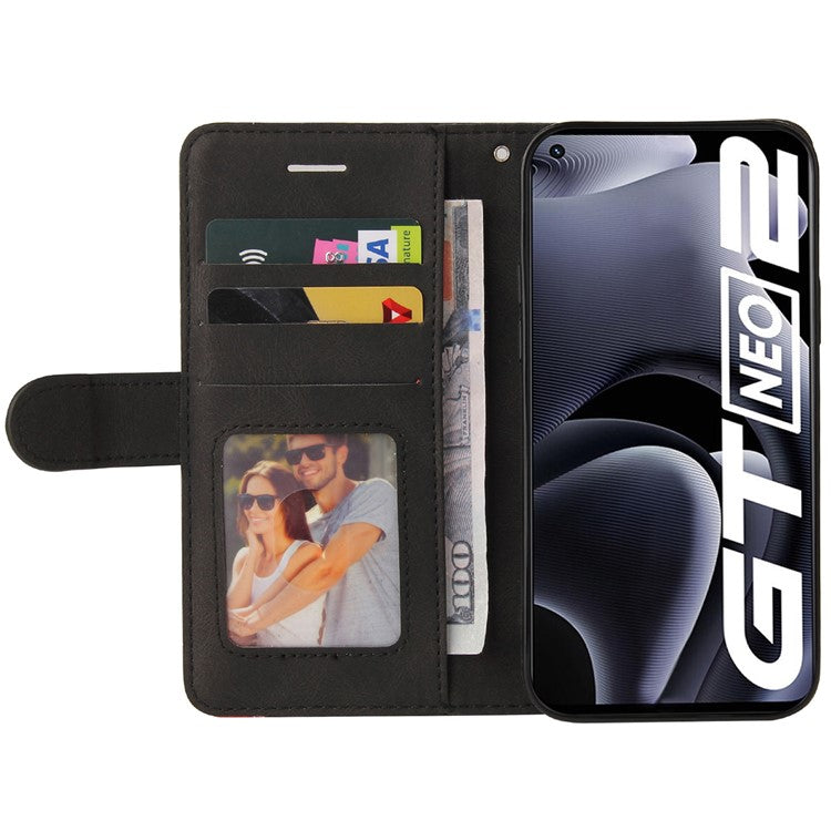 For Realme GT Neo2 5G/GT Neo 3T 5G KT Leather Series-1 Stylish Two-color Splicing Style Anti-Scratch TPU+ PU Leather Wallet Design Phone Case with Stand - Black