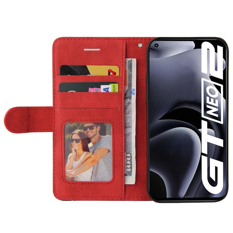 For Realme GT Neo2 5G/GT Neo 3T 5G KT Leather Series-1 Stylish Two-color Splicing Style Anti-Scratch TPU+ PU Leather Wallet Design Phone Case with Stand - Red