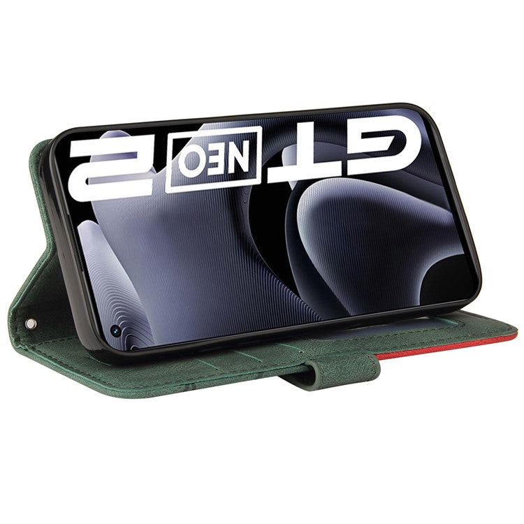 For Realme GT Neo2 5G/GT Neo 3T 5G KT Leather Series-1 Stylish Two-color Splicing Style Anti-Scratch TPU+ PU Leather Wallet Design Phone Case with Stand - Green