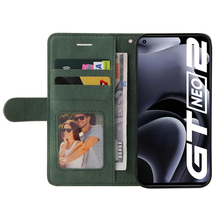 For Realme GT Neo2 5G/GT Neo 3T 5G KT Leather Series-1 Stylish Two-color Splicing Style Anti-Scratch TPU+ PU Leather Wallet Design Phone Case with Stand - Green