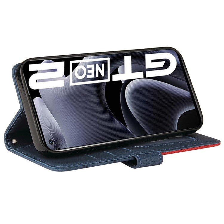 For Realme GT Neo2 5G/GT Neo 3T 5G KT Leather Series-1 Stylish Two-color Splicing Style Anti-Scratch TPU+ PU Leather Wallet Design Phone Case with Stand - Blue