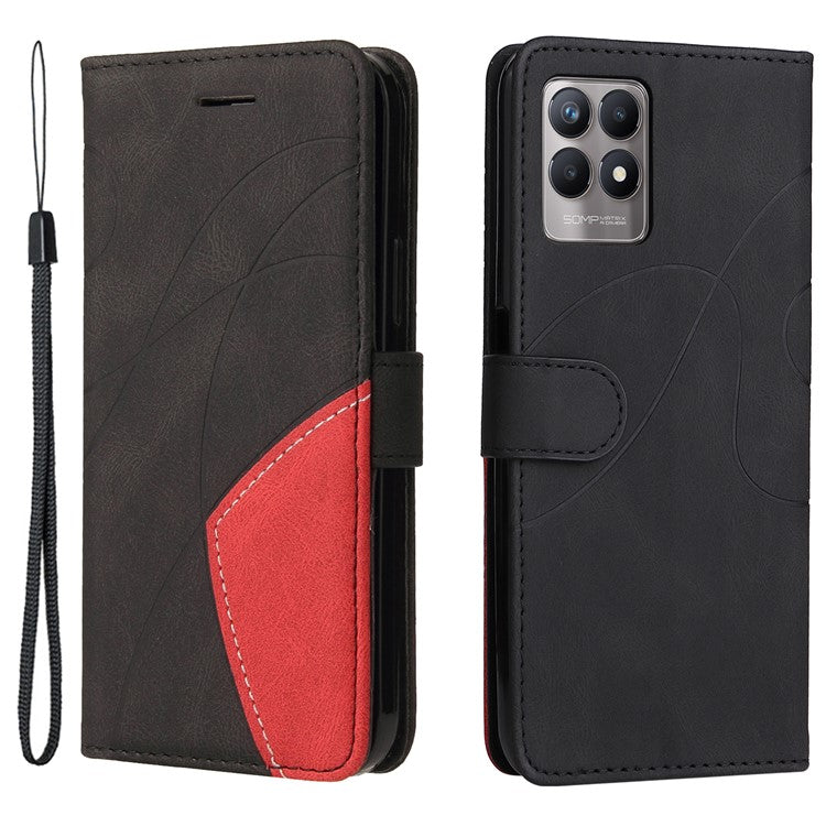 For Realme 8i/Narzo 50 4G KT Leather Series-1 Dual-color Splicing Scratch-resistant Stylish Wrist Strap PU Leather Wallet Phone Case Shell with Stand - Black