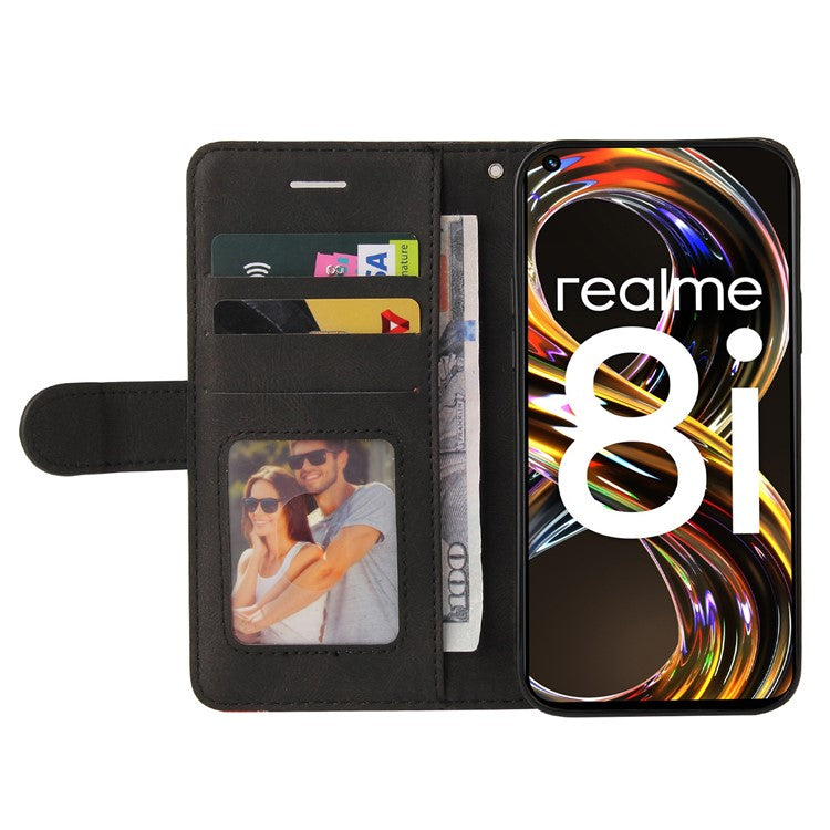 For Realme 8i/Narzo 50 4G KT Leather Series-1 Dual-color Splicing Scratch-resistant Stylish Wrist Strap PU Leather Wallet Phone Case Shell with Stand - Black