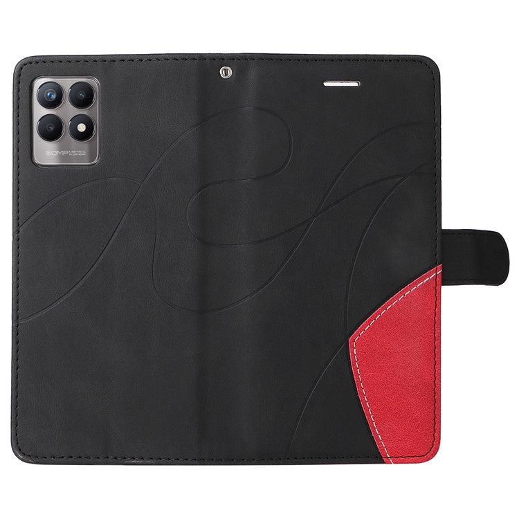 For Realme 8i/Narzo 50 4G KT Leather Series-1 Dual-color Splicing Scratch-resistant Stylish Wrist Strap PU Leather Wallet Phone Case Shell with Stand - Black