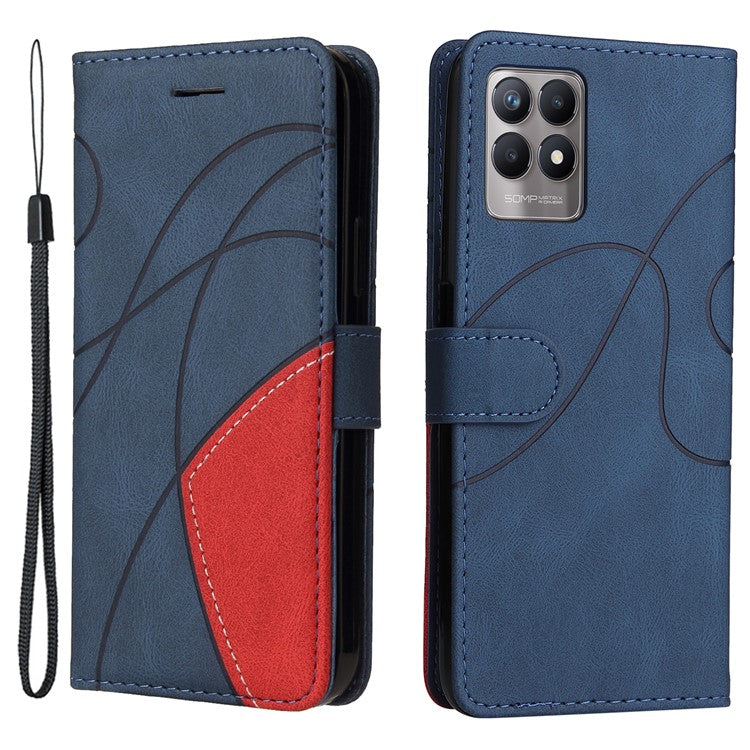 For Realme 8i/Narzo 50 4G KT Leather Series-1 Dual-color Splicing Scratch-resistant Stylish Wrist Strap PU Leather Wallet Phone Case Shell with Stand - Blue
