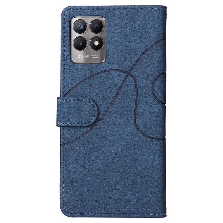For Realme 8i/Narzo 50 4G KT Leather Series-1 Dual-color Splicing Scratch-resistant Stylish Wrist Strap PU Leather Wallet Phone Case Shell with Stand - Blue
