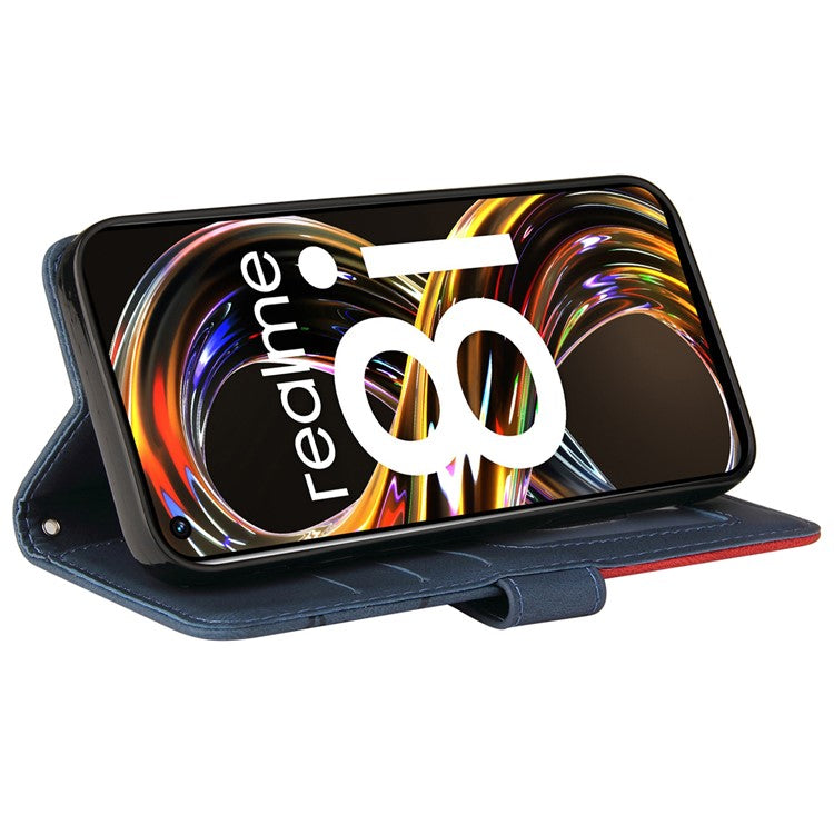 For Realme 8i/Narzo 50 4G KT Leather Series-1 Dual-color Splicing Scratch-resistant Stylish Wrist Strap PU Leather Wallet Phone Case Shell with Stand - Blue