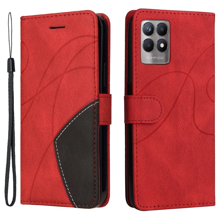 For Realme 8i/Narzo 50 4G KT Leather Series-1 Dual-color Splicing Scratch-resistant Stylish Wrist Strap PU Leather Wallet Phone Case Shell with Stand - Red
