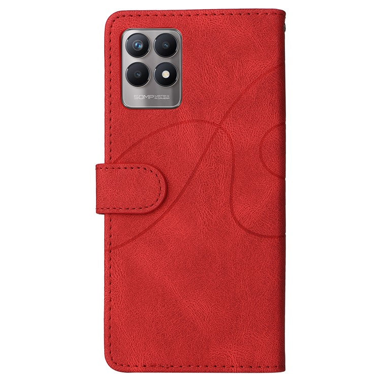 For Realme 8i/Narzo 50 4G KT Leather Series-1 Dual-color Splicing Scratch-resistant Stylish Wrist Strap PU Leather Wallet Phone Case Shell with Stand - Red