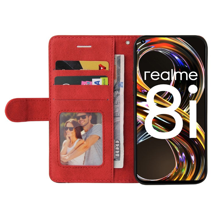 For Realme 8i/Narzo 50 4G KT Leather Series-1 Dual-color Splicing Scratch-resistant Stylish Wrist Strap PU Leather Wallet Phone Case Shell with Stand - Red