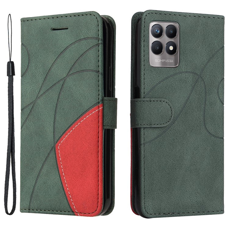 For Realme 8i/Narzo 50 4G KT Leather Series-1 Dual-color Splicing Scratch-resistant Stylish Wrist Strap PU Leather Wallet Phone Case Shell with Stand - Green