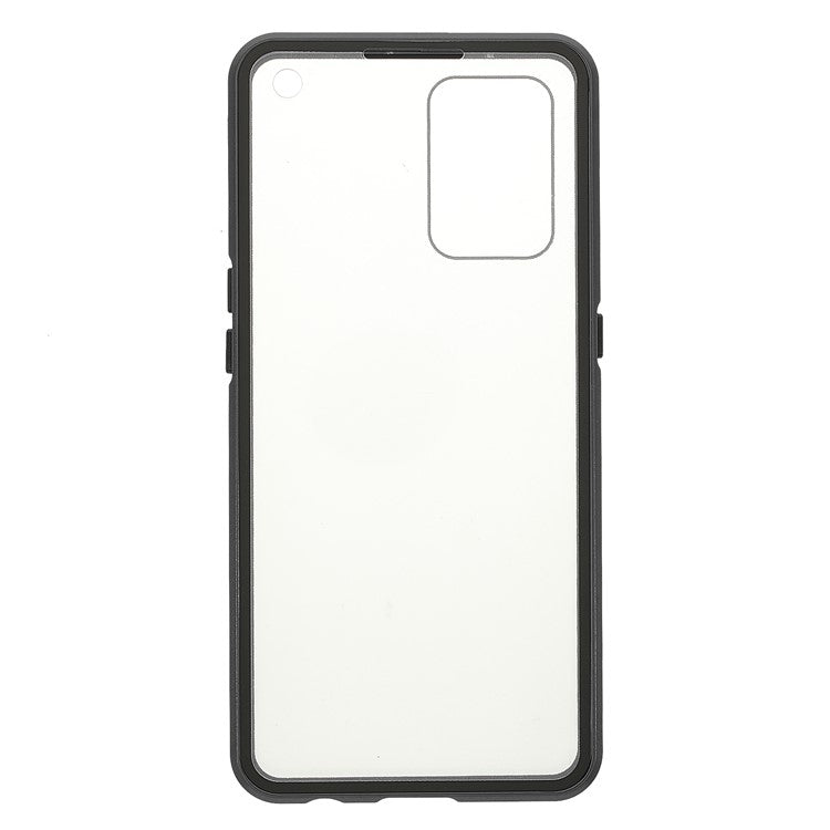 Metal Frame + Double-sided Tempered Glass Hybrid Cover Magnetic Absorption Full Coverage Phone Case for Oppo A74 4G / F19 - Black