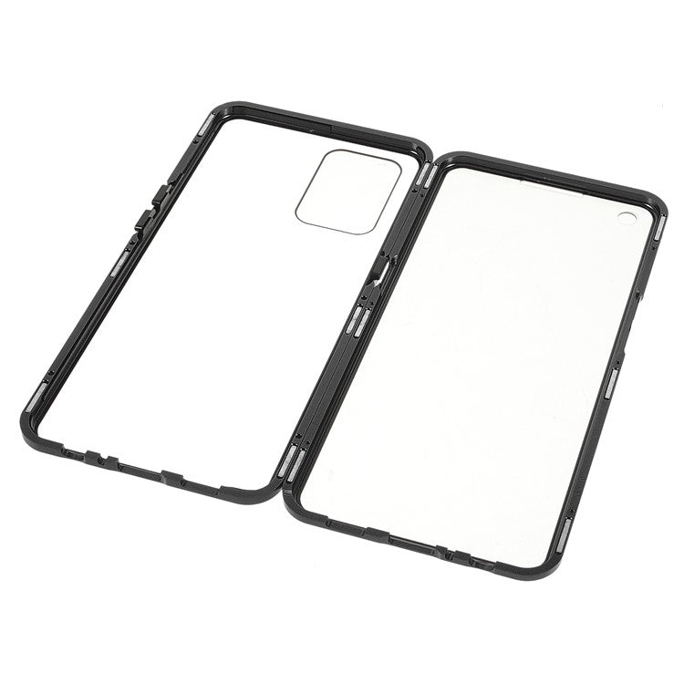 Metal Frame + Double-sided Tempered Glass Hybrid Cover Magnetic Absorption Full Coverage Phone Case for Oppo A74 4G / F19 - Black