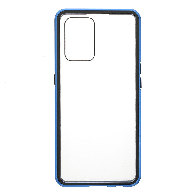 Metal Frame + Double-sided Tempered Glass Hybrid Cover Magnetic Absorption Full Coverage Phone Case for Oppo A74 4G/F19 - Blue