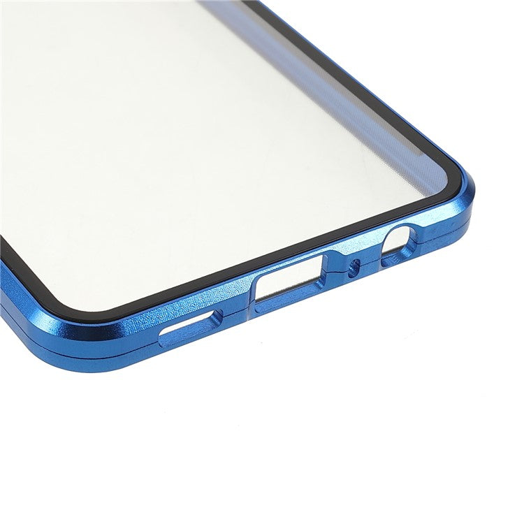 Metal Frame + Double-sided Tempered Glass Hybrid Cover Magnetic Absorption Full Coverage Phone Case for Oppo A74 4G/F19 - Blue