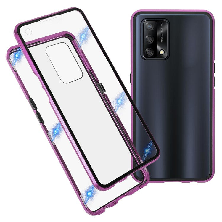 Metal Frame + Double-sided Tempered Glass Hybrid Cover Magnetic Absorption Full Coverage Phone Case for Oppo A74 4G/F19 - Purple