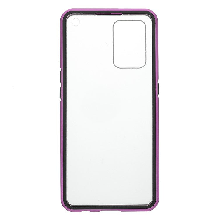 Metal Frame + Double-sided Tempered Glass Hybrid Cover Magnetic Absorption Full Coverage Phone Case for Oppo A74 4G/F19 - Purple