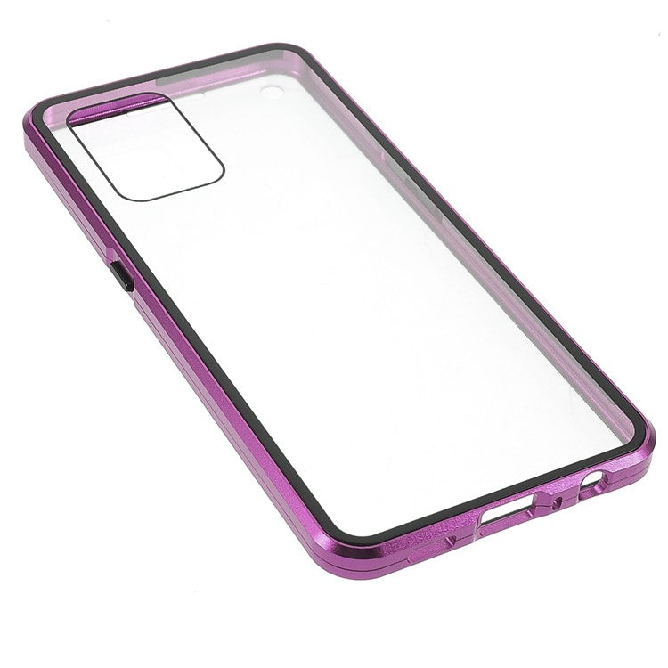 Metal Frame + Double-sided Tempered Glass Hybrid Cover Magnetic Absorption Full Coverage Phone Case for Oppo A74 4G/F19 - Purple