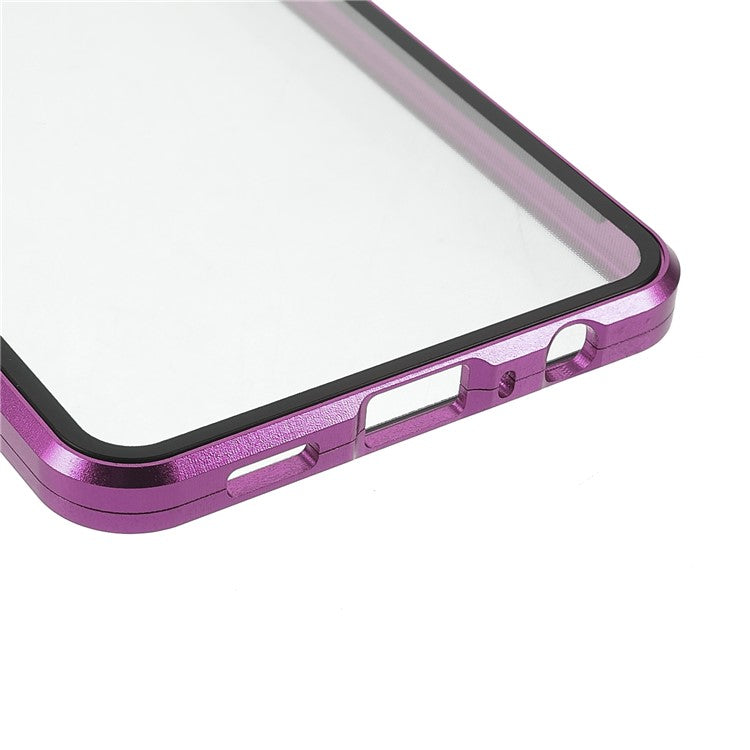 Metal Frame + Double-sided Tempered Glass Hybrid Cover Magnetic Absorption Full Coverage Phone Case for Oppo A74 4G/F19 - Purple