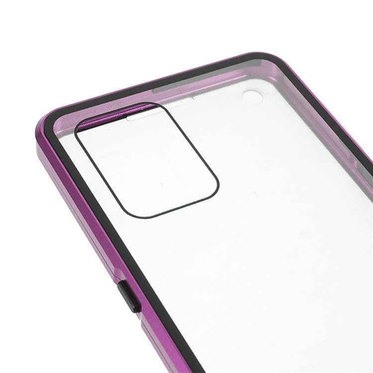 Metal Frame + Double-sided Tempered Glass Hybrid Cover Magnetic Absorption Full Coverage Phone Case for Oppo A74 4G/F19 - Purple