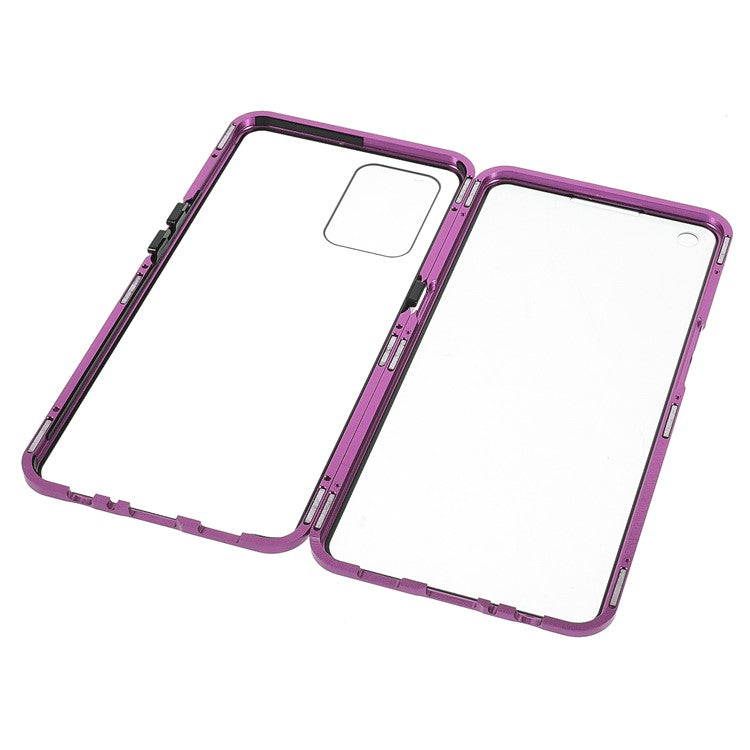 Metal Frame + Double-sided Tempered Glass Hybrid Cover Magnetic Absorption Full Coverage Phone Case for Oppo A74 4G/F19 - Purple