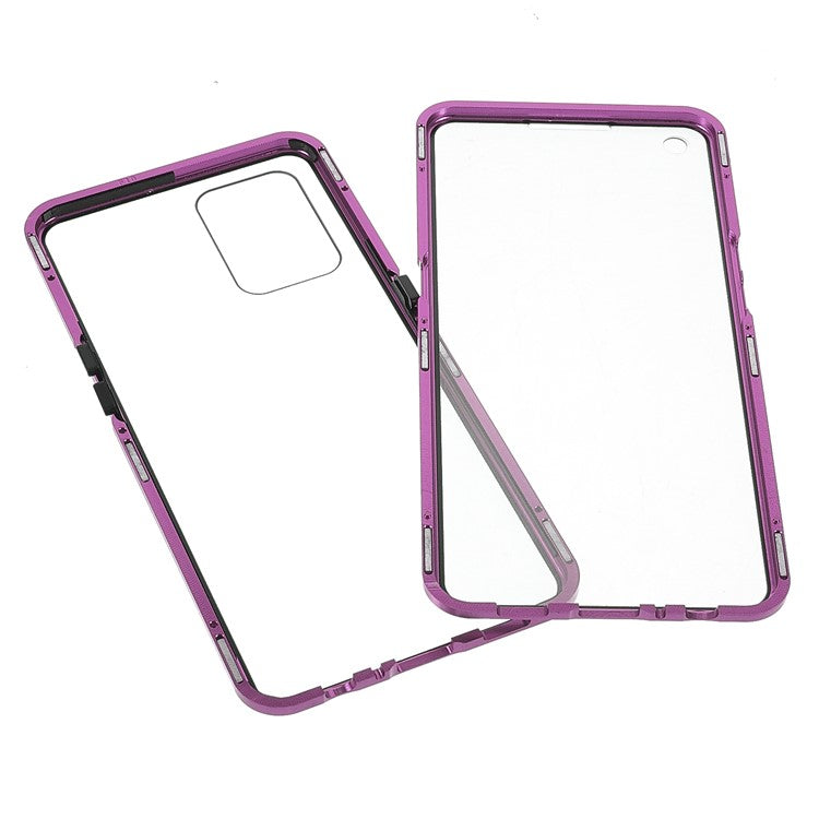 Metal Frame + Double-sided Tempered Glass Hybrid Cover Magnetic Absorption Full Coverage Phone Case for Oppo A74 4G/F19 - Purple