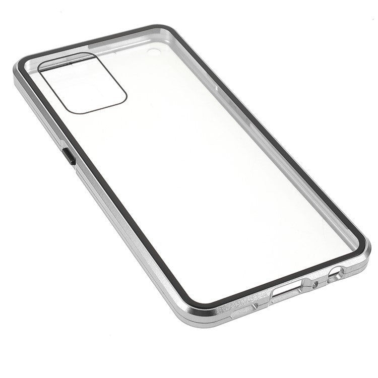 Metal Frame + Double-sided Tempered Glass Hybrid Cover Magnetic Absorption Full Coverage Phone Case for Oppo A74 4G/F19 - Silver