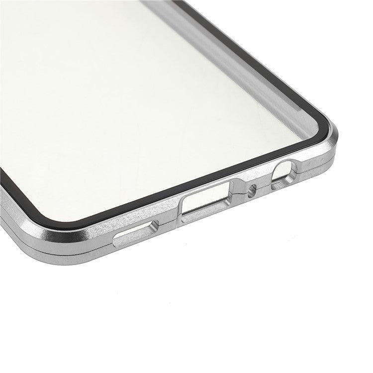 Metal Frame + Double-sided Tempered Glass Hybrid Cover Magnetic Absorption Full Coverage Phone Case for Oppo A74 4G/F19 - Silver