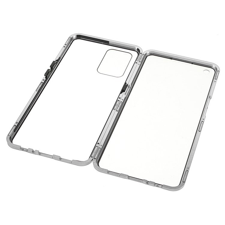 Metal Frame + Double-sided Tempered Glass Hybrid Cover Magnetic Absorption Full Coverage Phone Case for Oppo A74 4G/F19 - Silver
